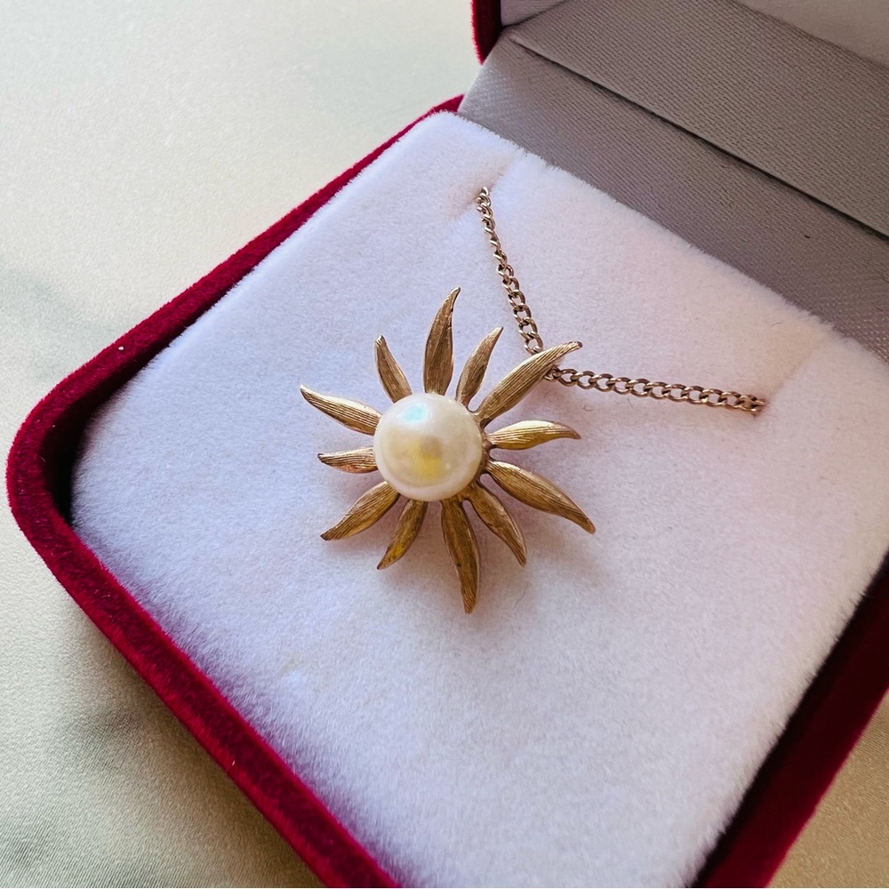 Stunning Mid-Century 14K Gold Sunburst Pendant w/ 10K Gold Vintage Chain